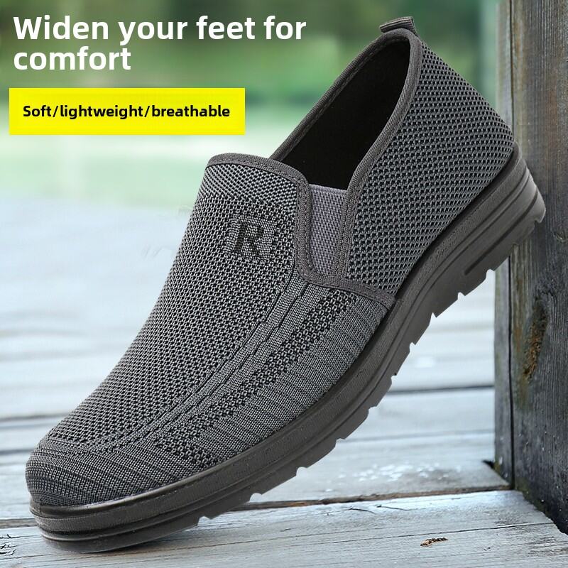 New Arrival Old Beijing Cloth Shoes Men's Spring & Fall Flying Woven Breathable Middle-Aged and Elderly Thick Sole Loose Elderly Oversized Shoes Dad Shoes